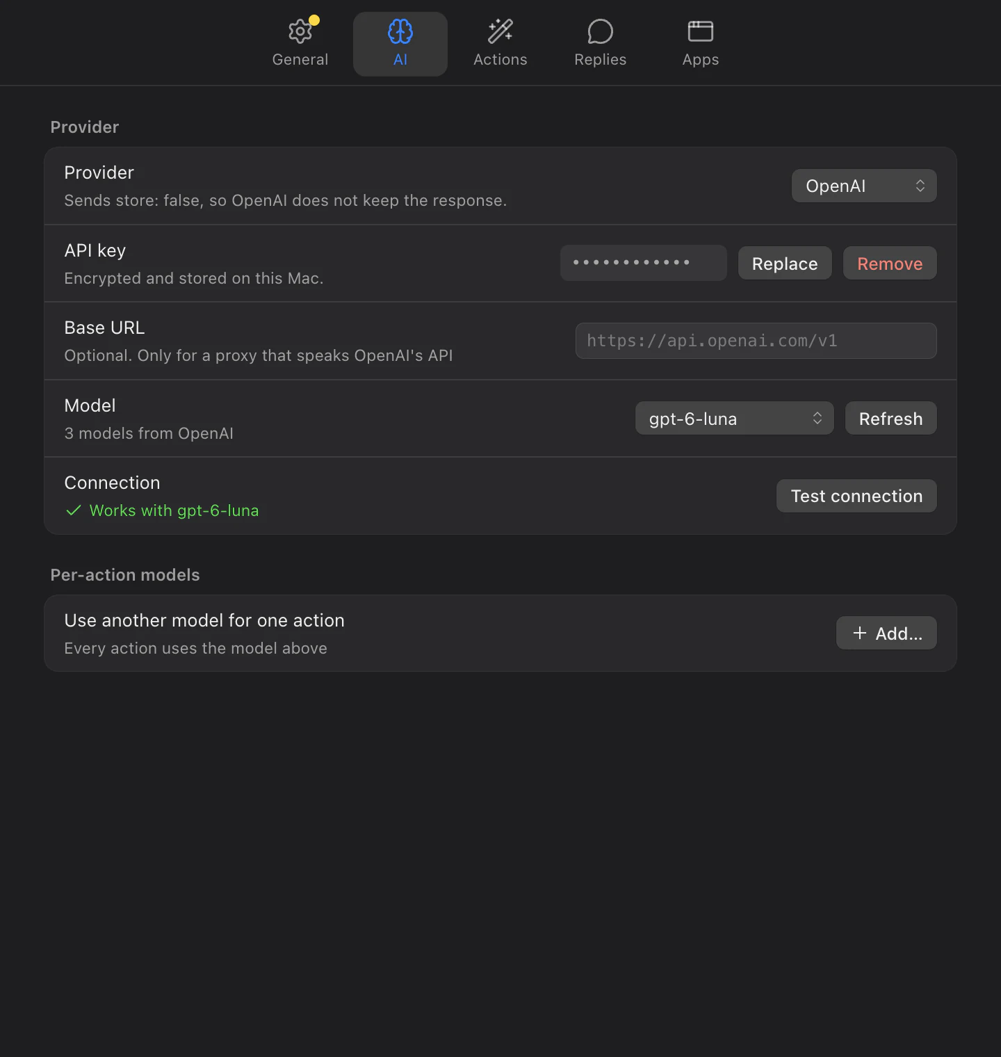 The AI tab with OpenAI picked as the provider, a stored key, a model and a passing connection test.