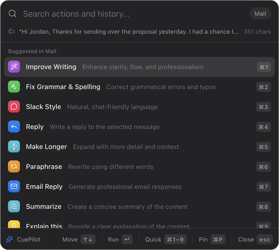 The action palette with Improve Writing, Fix Grammar & Spelling, Slack Style, Reply and more, each with a ⌘ number.