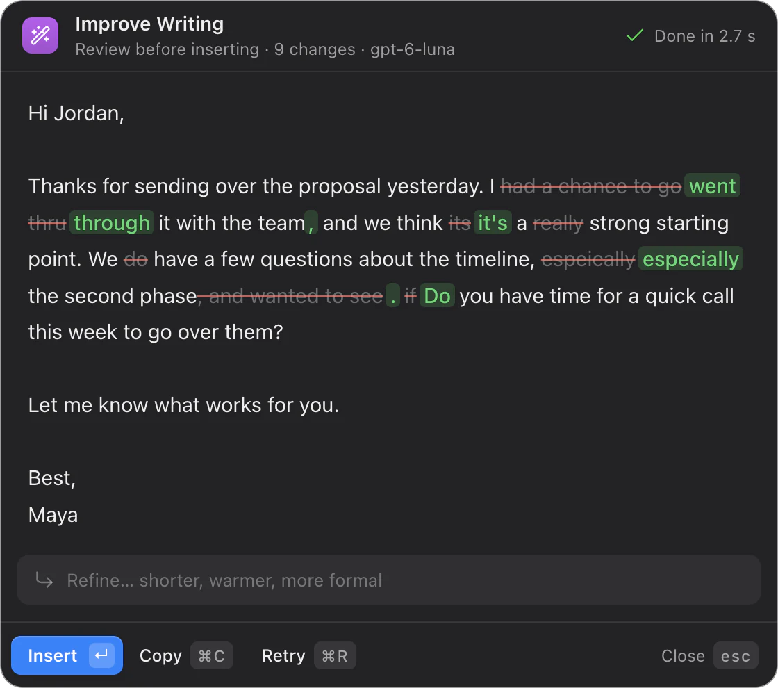 A finished rewrite with removed words struck out and new words in green, above Insert, Copy and Retry buttons.