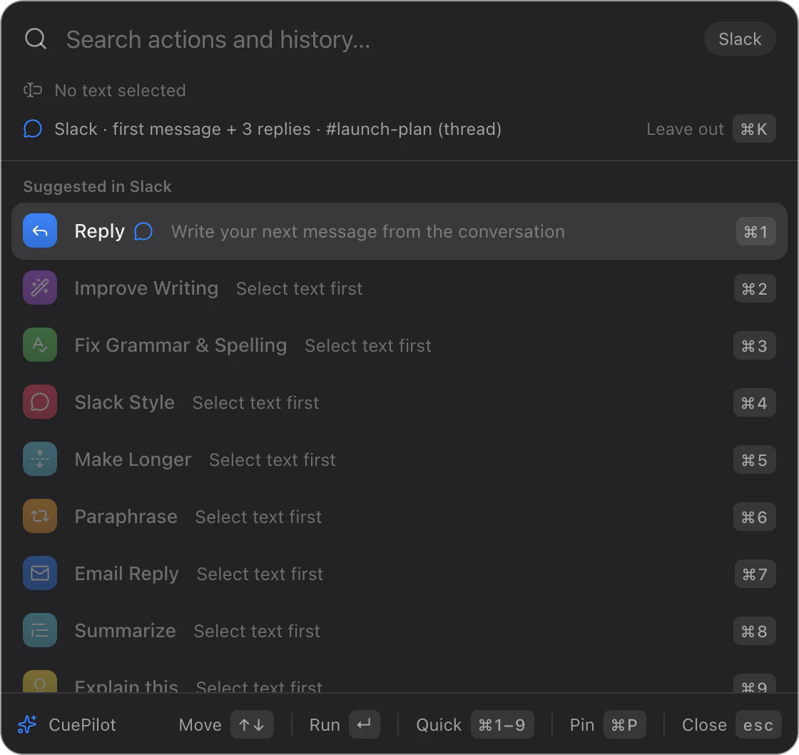 The palette in Slack with Reply at the top of the list.