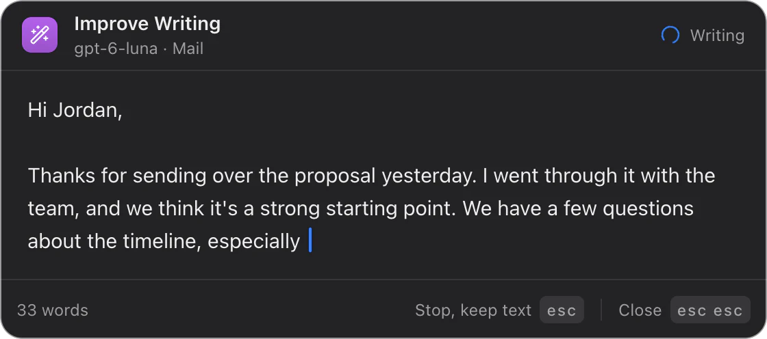 Improve Writing streaming its rewrite into the panel.